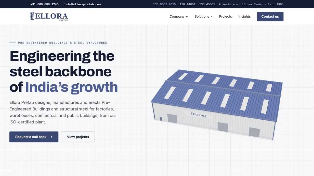 Ellora Prefab website hero with the 3D pre-engineered building